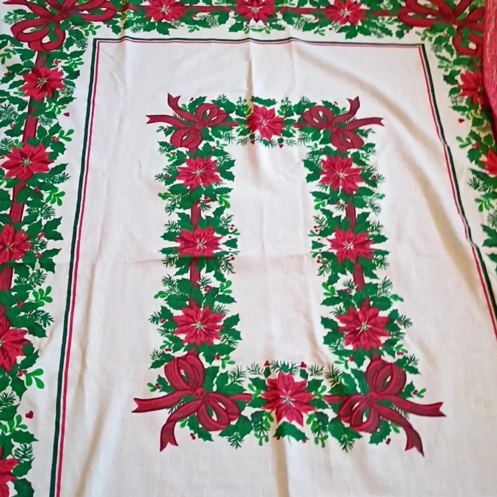 Vintage Holiday Tablecloth with Red and Green Poinsettia Design